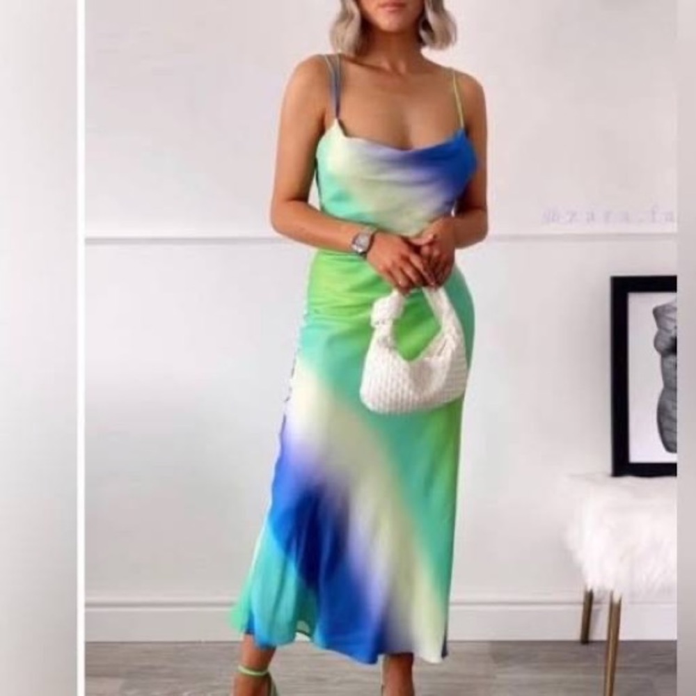 ZARA BLUE GREEN TIE DYE OMBRE SATIN BACKLESS DRESS BNWT SIZE M
